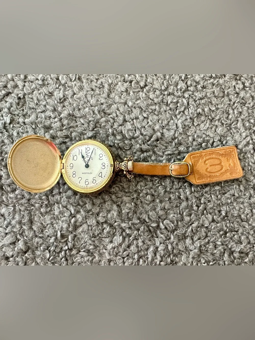 Vintage Westclox Gold Pocket Watch Horse Dial Leather Fob
